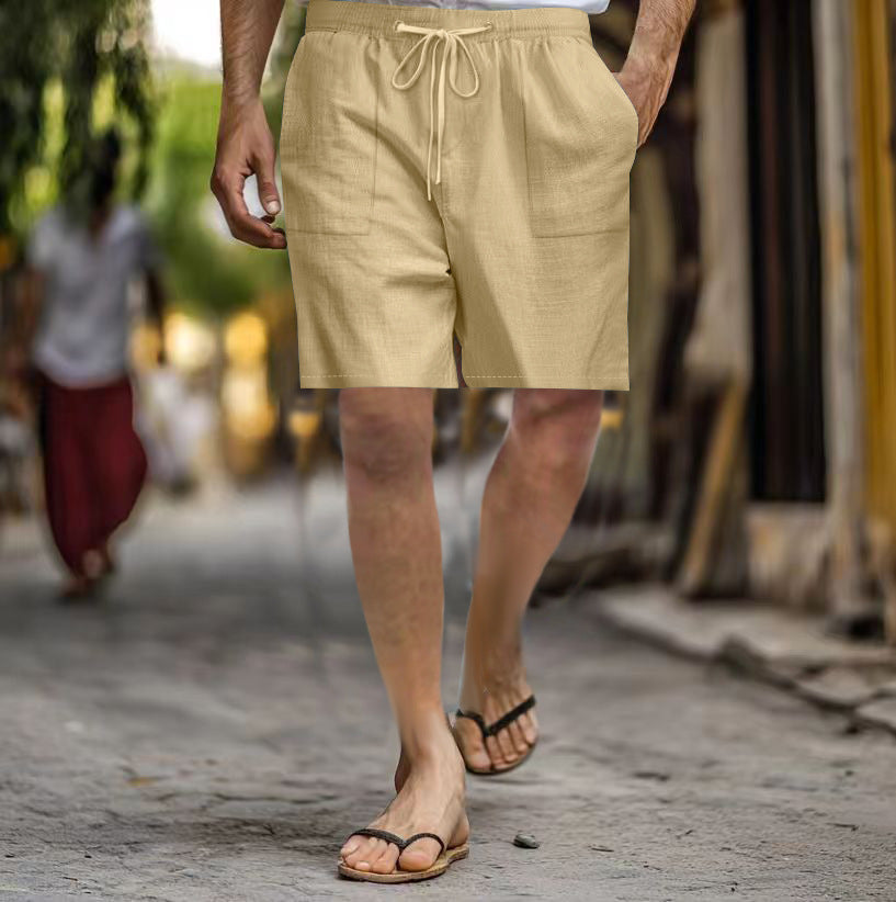 Men's Cotton Linen Multi-pocket Drawstring Leisure Beach Shorts